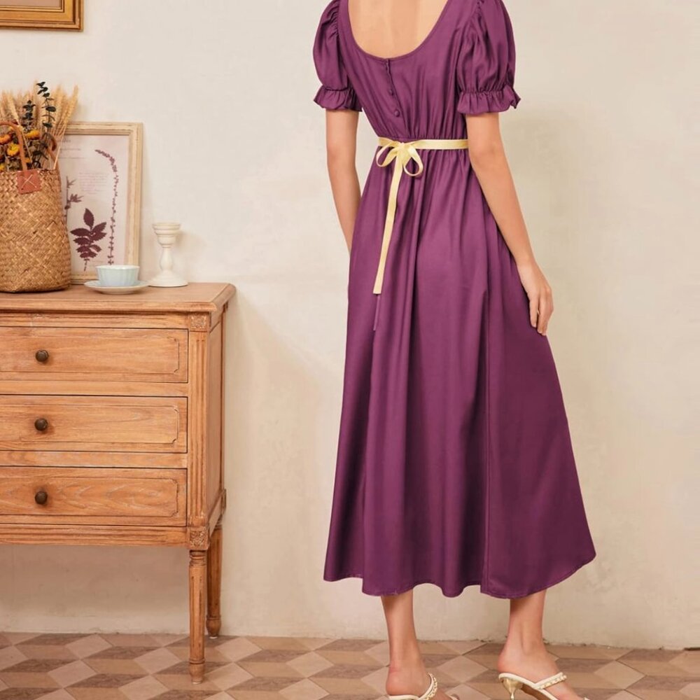 Bridgerton Elegant Purple Maxi Dress with Puffy Sleeves and Gold Bow - Picture 2 of 4